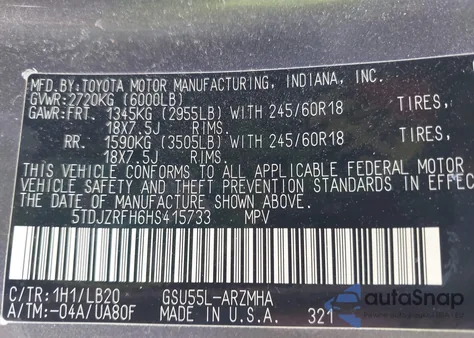 2017 Toyota Highlander Xle z USA, uszkodzony, nr VIN 5TDJZRFH6HS415733